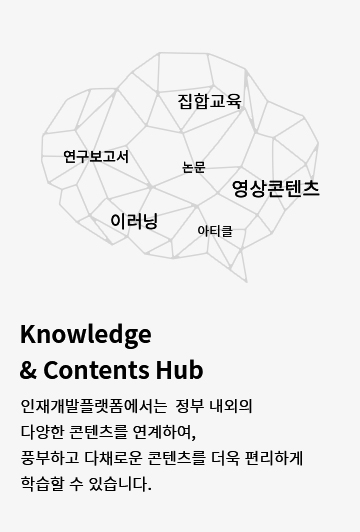 Knowledge & Contents Hub 인재개발플랫폼에서는 정부 내외의 다양한 콘텐츠를 연계하여 풍부하고 다채로운 콘텐츠를 더욱 편리하게 학습할 수 있습니다.