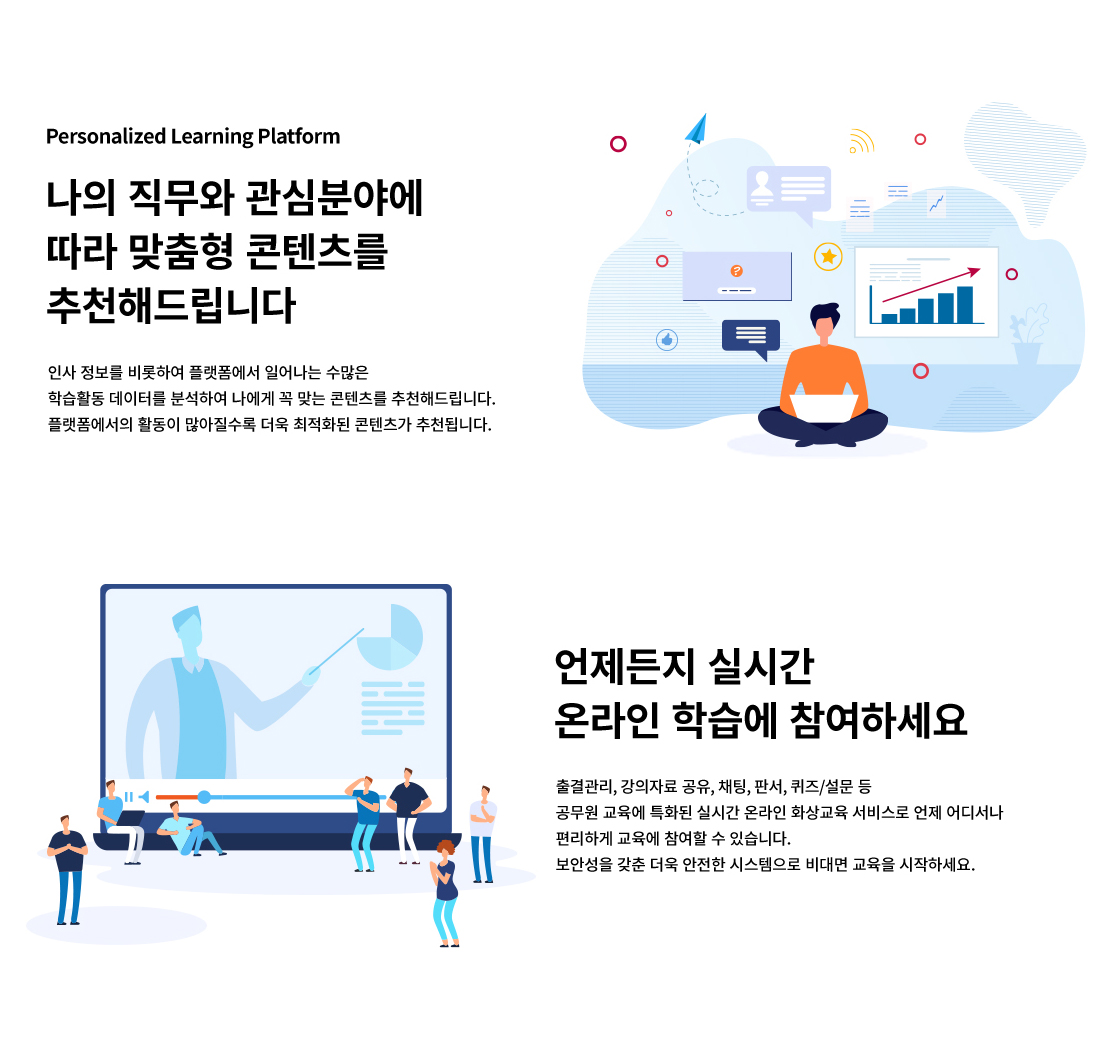 Personalized Learning Platform 나의 직무와 관심분야에 따라 맞춤형 콘텐츠를 추천해드립니다. 인사정보를 비롯하여 플랫폼에서 일어나는 수많은 학습활동 데이터를 분석하여 나에게 꼭 맞는 콘텐츠를 추천해드립니다. 플랫폼에서의 활동이 많아질수록 더욱 최적화된 콘텐츠가 추천됩니다. 언제든지 실시간 온라인 학습에 참여하세요. 출결관리, 강의자료 공유, 채팅, 판서, 퀴즈/설문 등 공무원 교육에 특화된 실시간 온라인 화상교육 서비스로 언제 어디서나 편리하게 교육에 참여할 수 있습니다. 보안성을 갖춘 더욱 안전한 시스템으로 비대면 교육을 시작하세요.